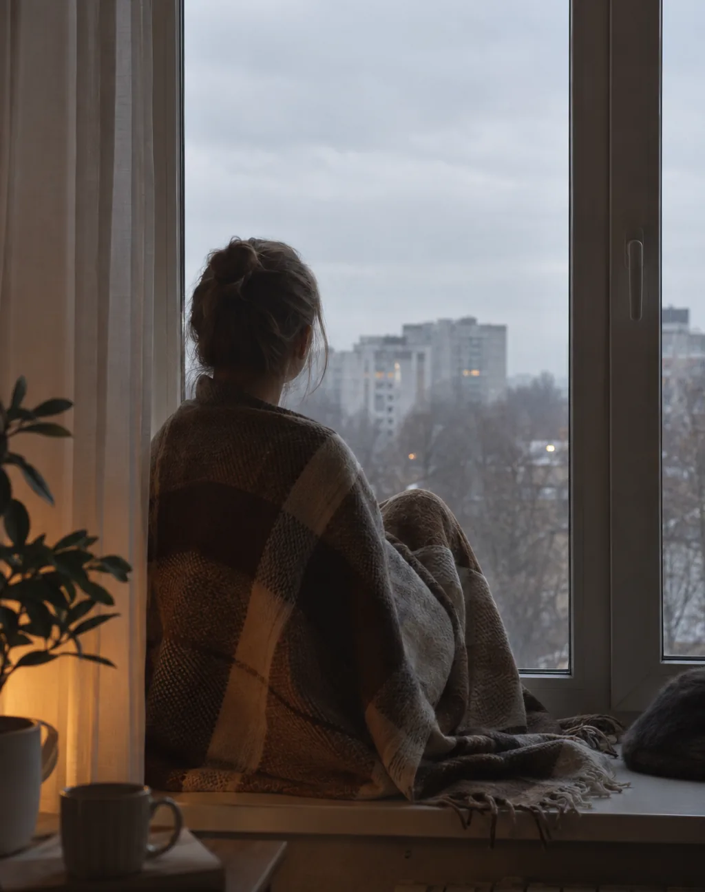 Человек сидит на подоконнике с пледом